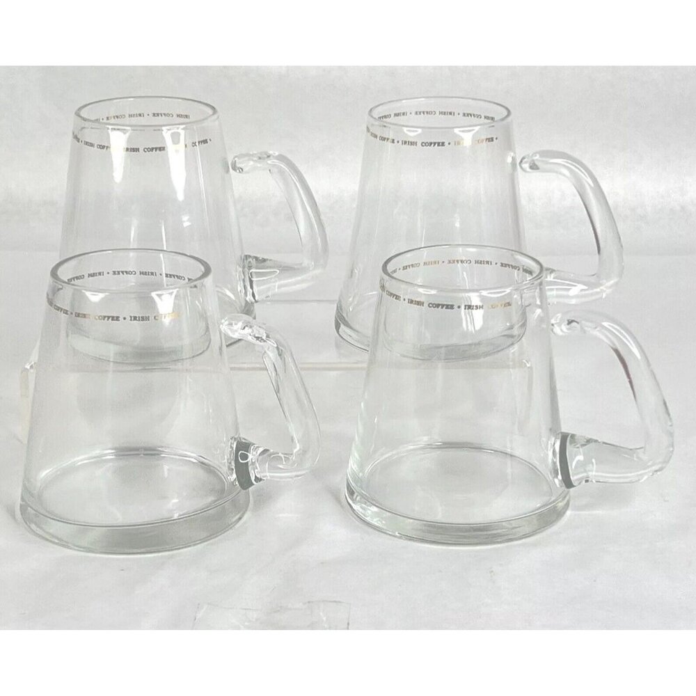 Vintage Irish Coffee Mugs Glass‎ Cups Gold Letters Set of 4 Clear Barware Glass